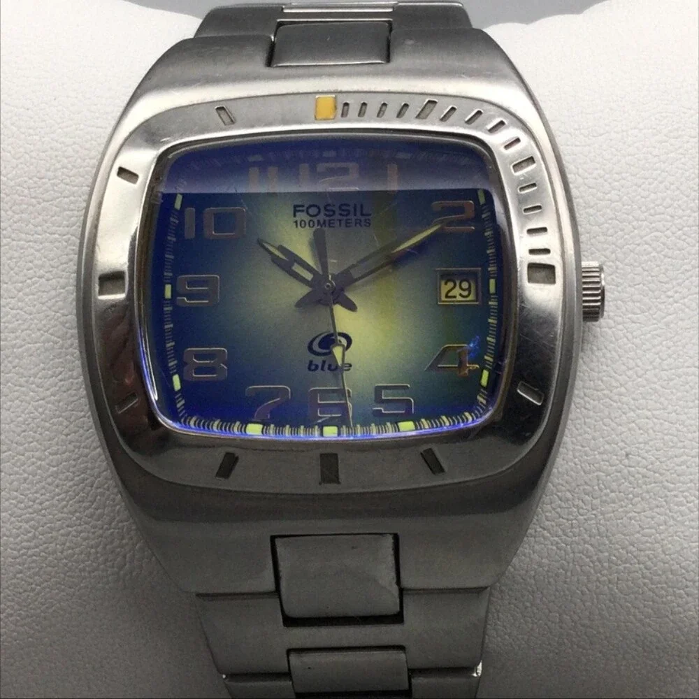 Fossil Blue AM-3562 Mens Watch 40mm Blue Green Dial Stainless New Battery 6.5